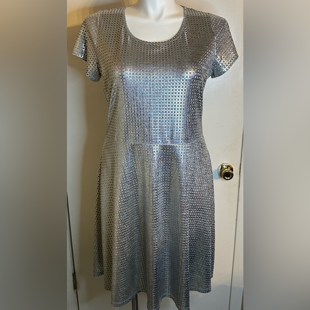 Michael Kors Ladies Metallic Silver Fit and Flare Dress